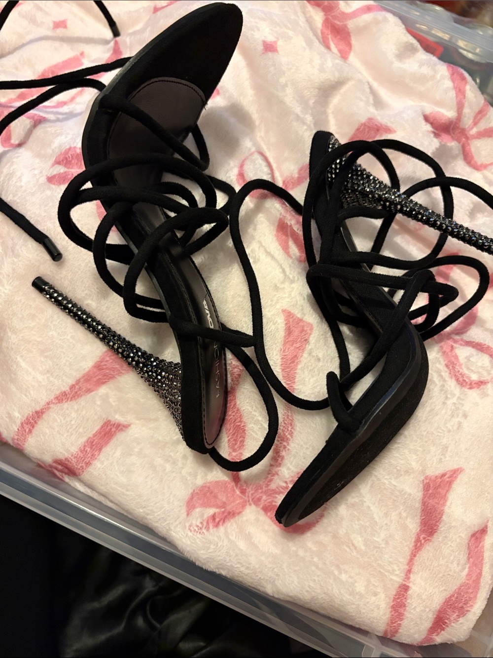 Fashion Nova Black Lace-Up Stiletto Heels with Rhinestone Embellished Heel